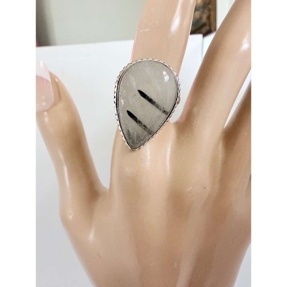 Handcrafted tourmamulated Ring Women Size 4-7 Silver Gray Natural Adjustable